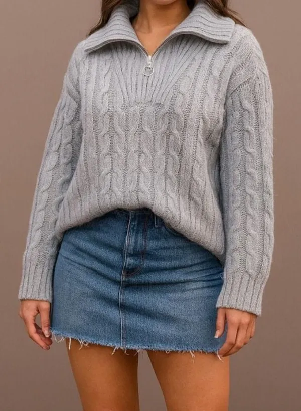 Sincerely Jules Womens Blue Chunky Partial Zip Pullover Cable Knit Sweater sz XL - Image 2