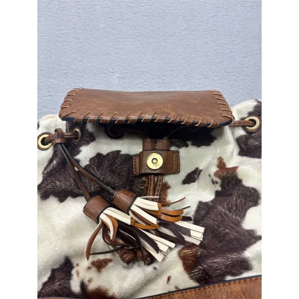 Jen & Co Backpack OS Cow Print Brown Faux Leather Tassel Western Boho Bag - Image 9