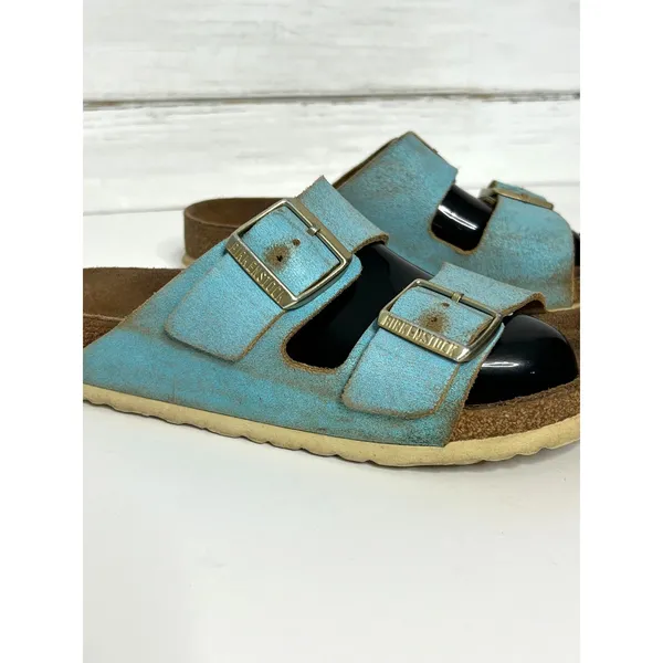 Birkenstock Arizona Washed Metallic Aqua Blue Leather Sandals Size EU 39 US 8 - Image 3