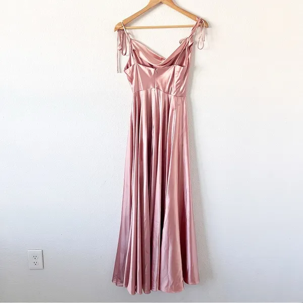 Ladivine Satin Dusty Pink Formal Evening Cocktail High Slit Maxi Gown - Image 6