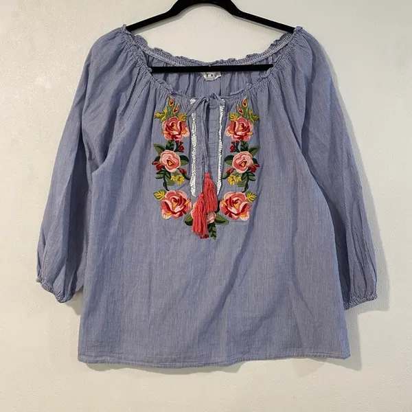 THML Medium Blue Stripe Floral Embroidered Boho Peasant Blouse - Image 2