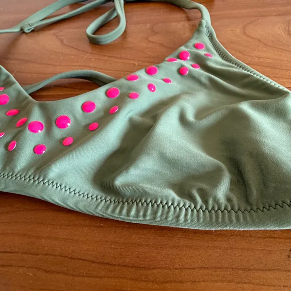 Aerie Real Good‎ Olive Green Pink Studded Scoop Neck Bikini Top Halter UPF 50 M - Image 2