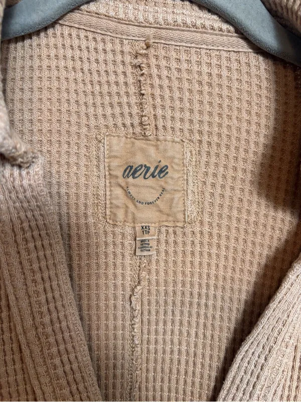 Aerie Women’s Shirt Top Waffle V Neck Oversized Tan Cotton Blend Size XXS - Image 4
