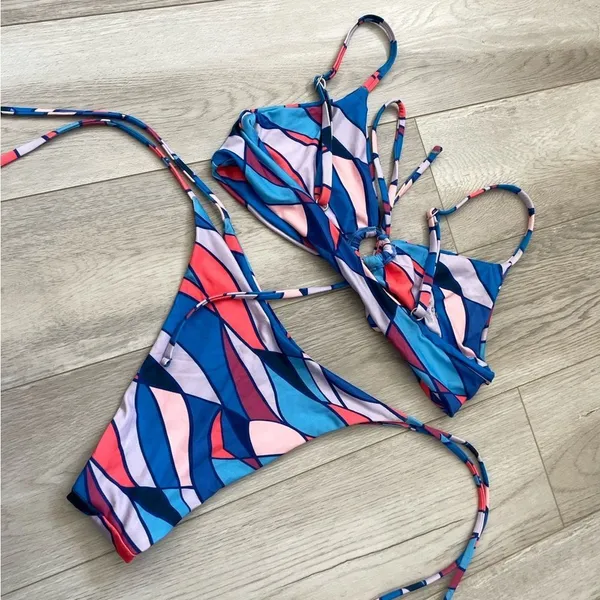 OneOne Swimwear Bikini tie front top cheeky high rise womens Blue large colorful - Image 2