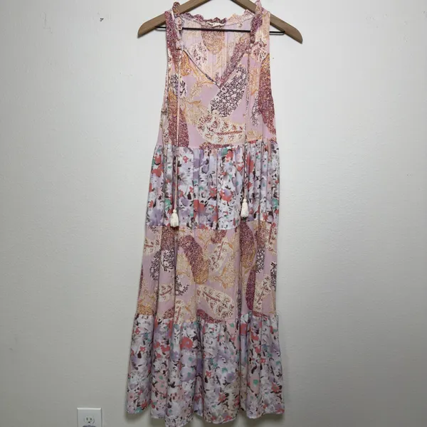 Entro Women Dress Medium Pink Paisley Floral Tiered Midi Flowy Boho Patchwork - Image 2