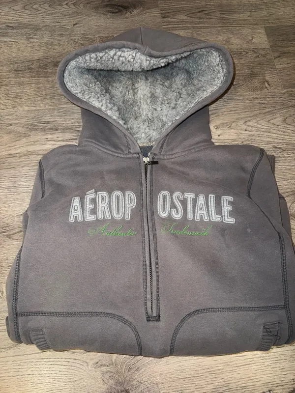 Y2K Vntge Aeropostale 87 Grey Half Zip Hoodie w/ Faux Fur Hood XL - Image 10