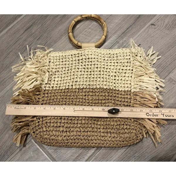 Boho Straw Crossbody Bag Bamboo‎ Handle Fringe Tote Beach Purse Two Tone Chic - Image 7