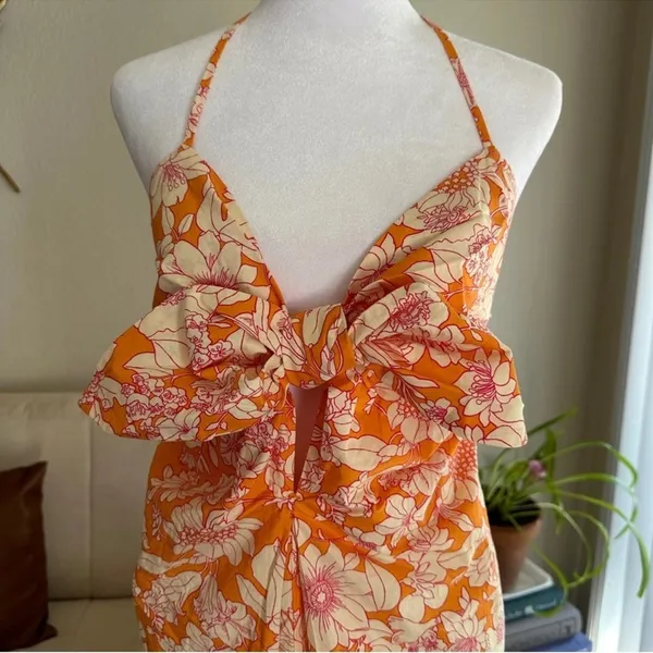 J. CREW Tie Front 100% Cotton Poplin Midi Loose Fit Dress in Orange Floral Small - Image 8