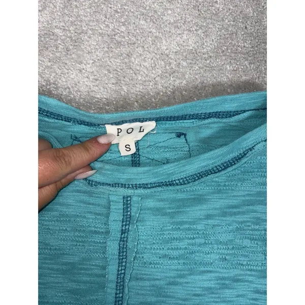 Pol Cropped Boxy Raw Edge Top Womens Blue Contrast Stitch Relaxed‎ Small - Image 5