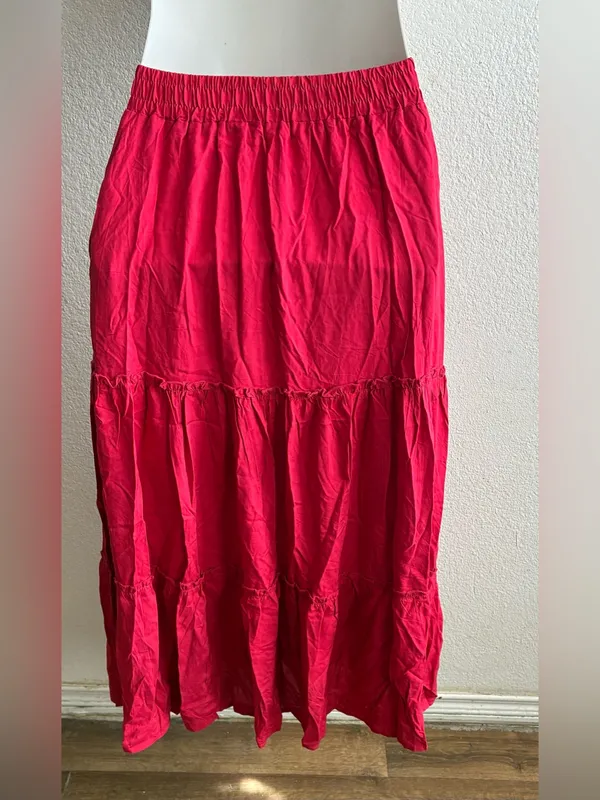 Tiered Pockets Solid Red Color High Waist Flowy Boho Mid Skirt M - Image 4