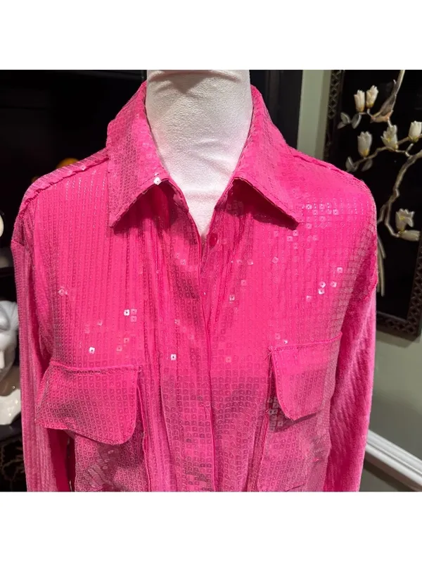 Rachel Zoe Hot Pink Sequin Button-Down Top (Size S, NWT) - Image 2