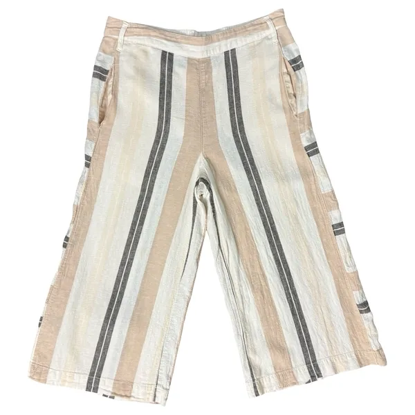 Anthropologie Beige Black White Neutral Stripe Linen Blend Wide Leg Pants size M - Image 2
