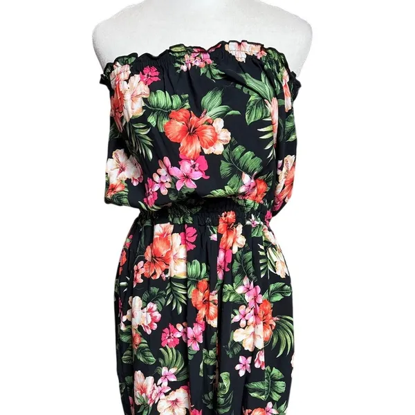 Bar III Black Tropical Floral Strapless Split Leg Jumpsuit Medium - Image 4