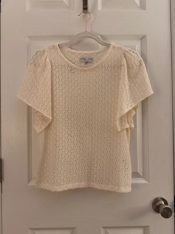 Madewell Texture & Thread Cream Eyelet Flutter Sleeve Top Small - Image 3