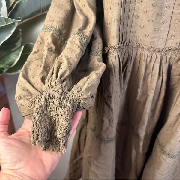 Anthropologie Pilcro Long Sleeve Mock Neck Dress Sz M Lace Loose Brown Swiss Dot - Image 3