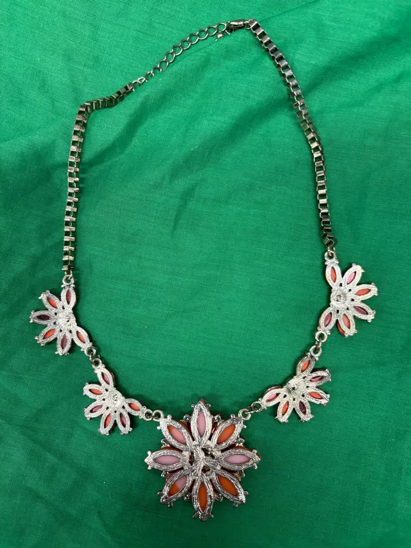 Silver Tone Statement Necklace w/ Orange Flower Rhinestone Pendant Box Chain - Image 4