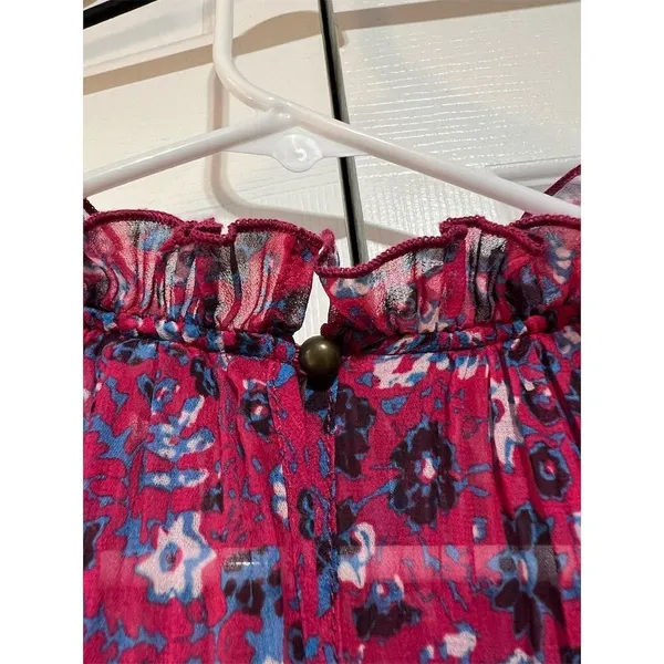 Anthropologie Women's Standard M Pink Floral Pleated Ruffle Blouse Spring Casual - Image 5