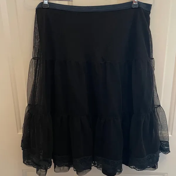 Free People‎ Black Tiered Mesh Blue Lace Trim Mini Skirt Small Ballet Vamp Goth - Image 5
