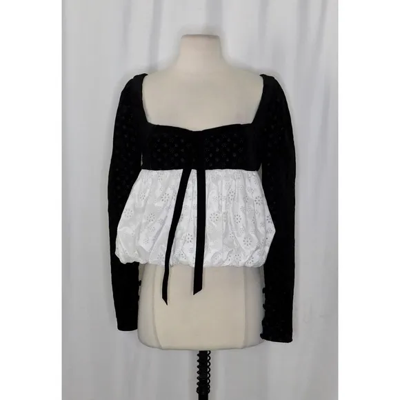 NWT!! FOR LOVE AND LEMONS‎ Elisa Long Sleeve Top Black Velvet Taffeta Eyelet XS - Image 2