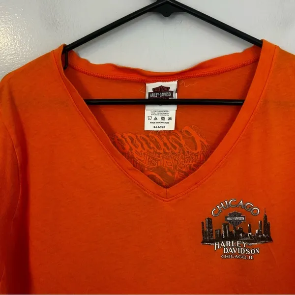 Vintage Harley Davidson Orange Chicago Gangster Biker V-neck T-shirt Size XL - Image 3