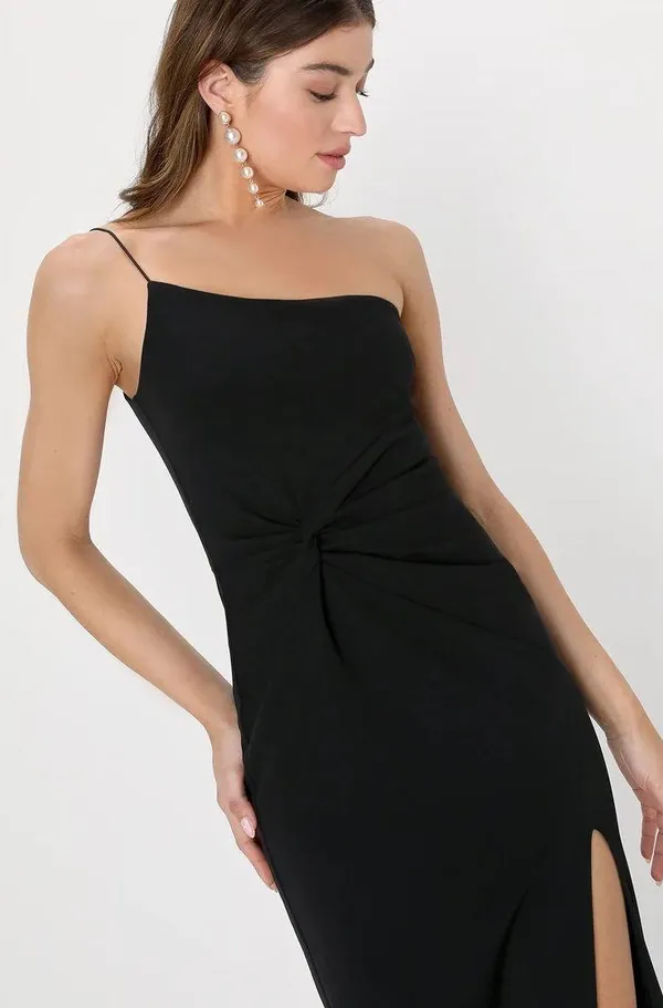 Lulus Dramatic Efforts Black One-Shoulder Knotted Maxi Dress - Image 2