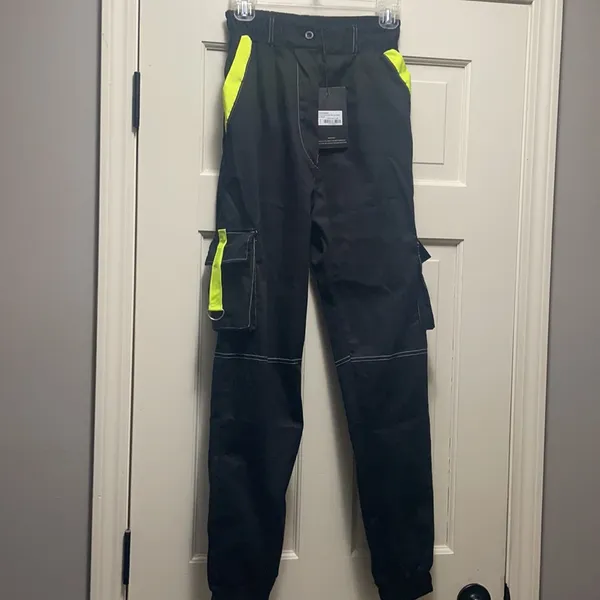 Black Contrast Stitch Neon Trim Cuffed Cargo Pants J - Image 4