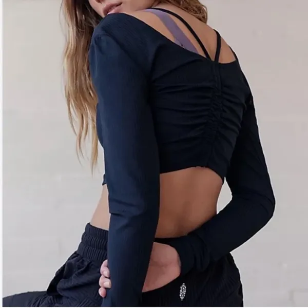 Free People Movement Hot Tip Layer Crop Top Long Sleeve Ruched Black Large Yoga - Image 2