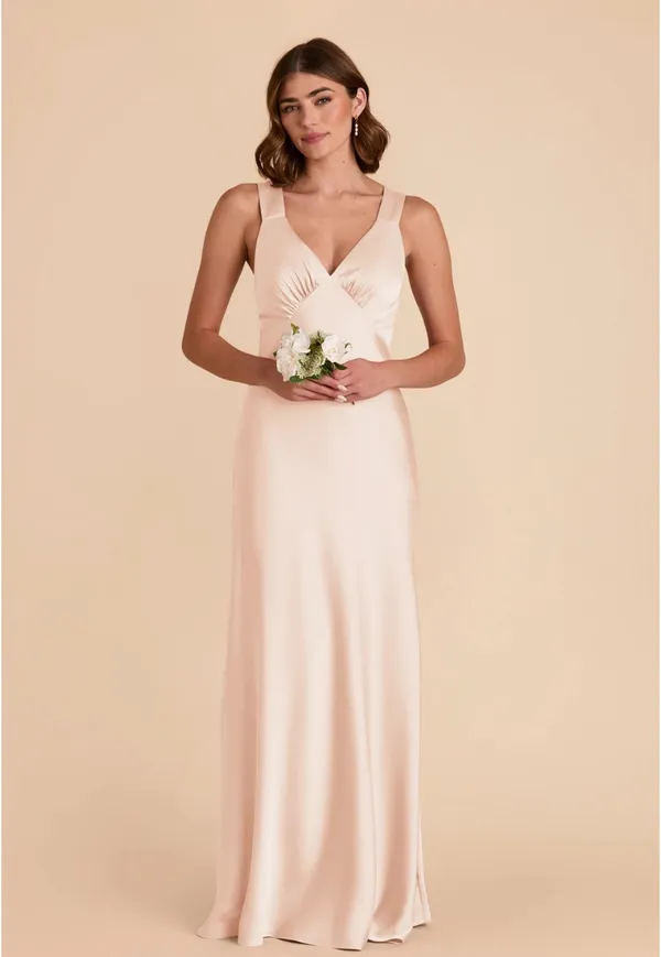 Birdy Grey Champagne Satin V-Neck Maxi Formal Bridesmaids Dress - Size Small - Image 9