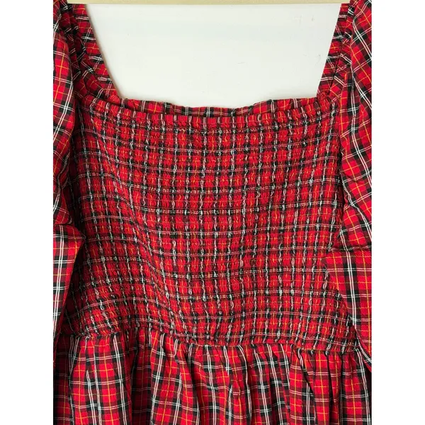 Old Navy Smocked Peplum Top Women 4X Red Tartan Plaid Square Neck Holiday Preppy - Image 6