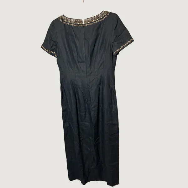 Maggy London 100% Linen Black Embroidered Maxi Dress Short Sleeve Size 8 - Image 3