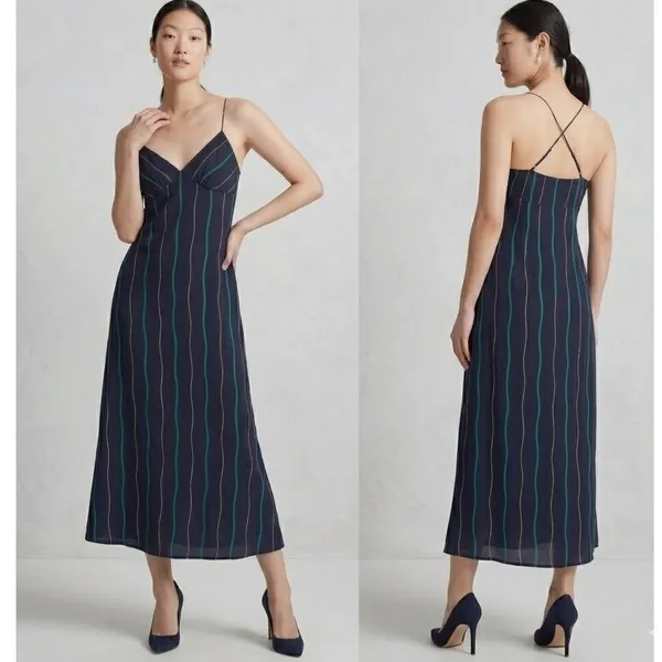 Madewell The Layton Midi Slip Dress‎ Navy Blue Green Gold Striped 10 Slip Dress - Image 2