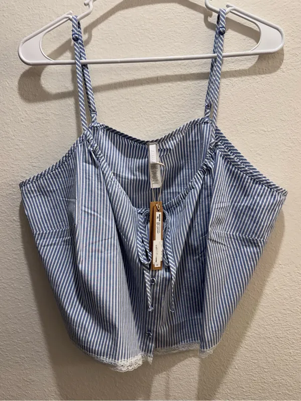 SKIMS NWT Crop Poplin Sleep Camisole In‎ Cadet Stripe Blue Size XL MSRP $44 - Image 4