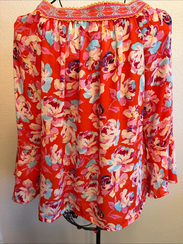 ❤️❤️❤️BOGOHO❤️❤️❤️Floral Red Peasant Blouse with Embroidered Square Neck-Large - Image 9