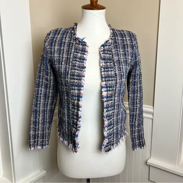 IRO Paris Multi Color Tweed Fringe Collarless Zip Pocket Jacket Blue Pink 36 4 - Image 2