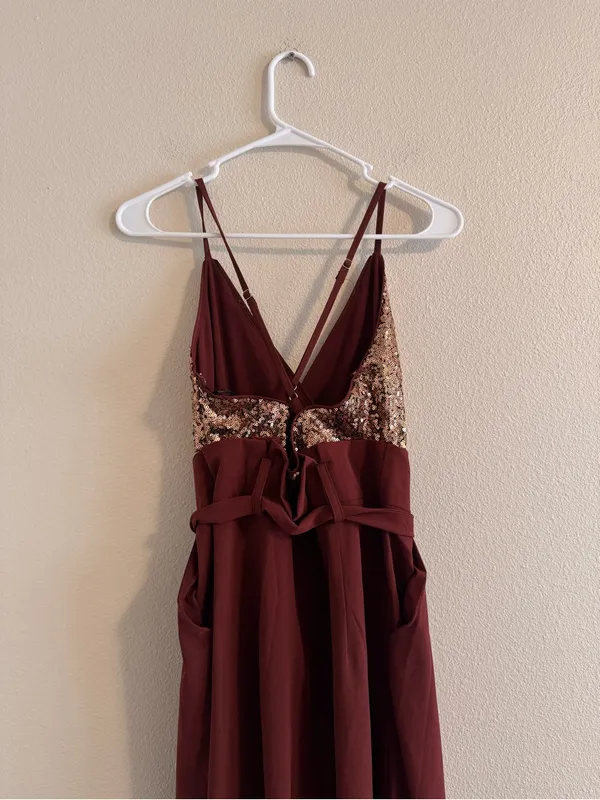 the clothing company Burgundy Jumpsuit with Rose Gold Sequin Bodice - Image 4