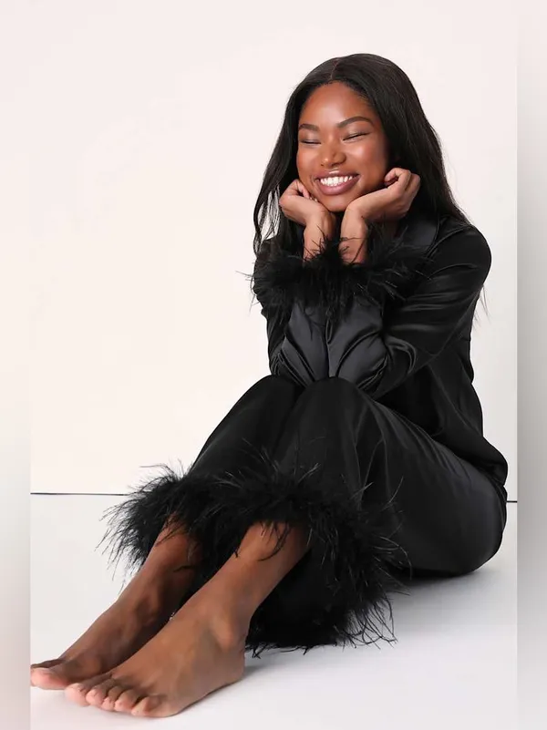 LULU’S Dreamiest Delight Black Satin Feather Two-Piece Pajama Set - Image 6