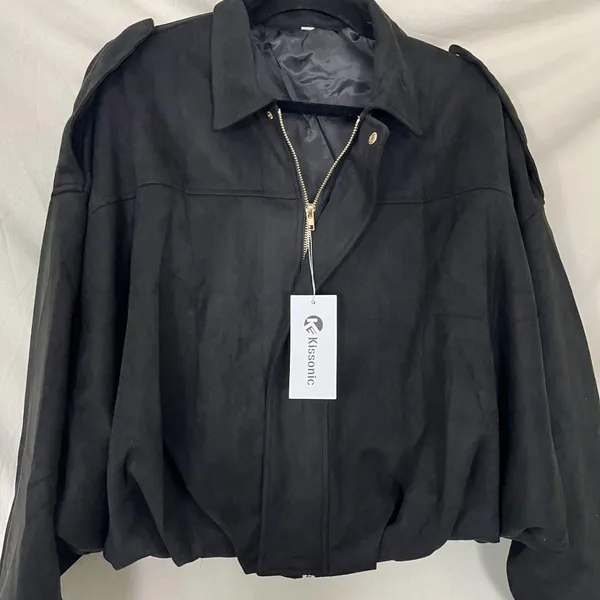 NWT Kissonic Faux Suede Bomber Jacket Oversized Long Sleeve Cropped Coat S - Image 4