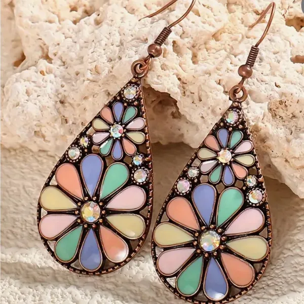 Handmade Floral Teardrop Earrings with‎ Multicolor Enamel - Image 2