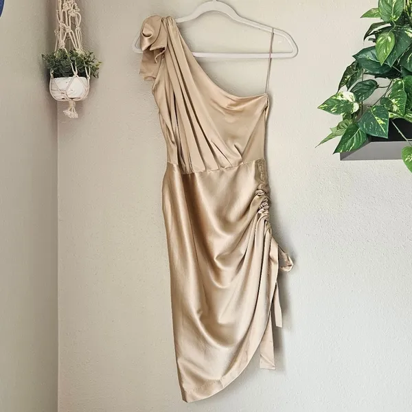 RETROFÊTE Nadia One-shoulder Ruched Stretch-Silk Satin Mini Dress Sz L Champaign - Image 4