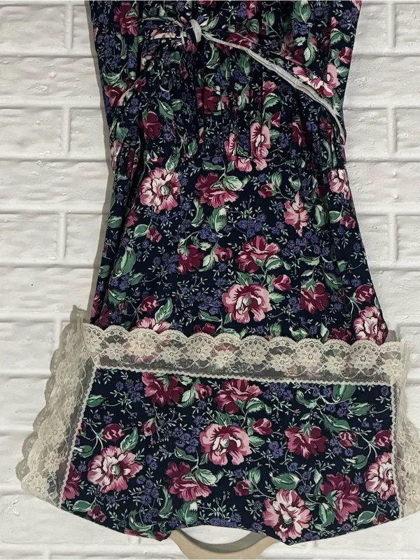 Vintage 80s Midi Dress Women’s 14 Navy Pink Floral Cottagecore Lace Trim Diana - Image 4