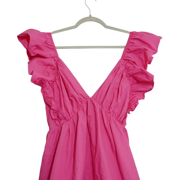 Showpo‎ Mini Dress US 10 Hot Pink Ruffle Sleeve V-Neck Tie Back Cotton Party Fun - Image 2