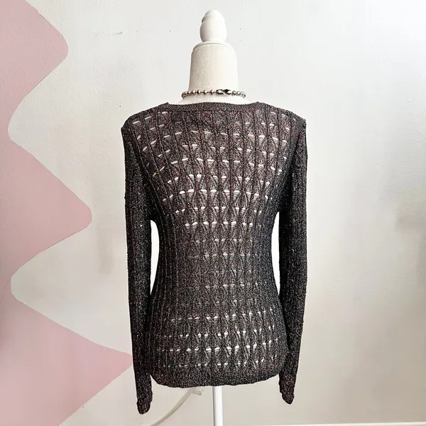 Anthropologie Pilcro Green Metallic‎ Crochet Sweater Boho Holiday Artsy Small - Image 2