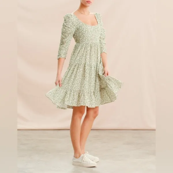 BY TIMO Green Garden Floral Print Jacquard Woven Viscose Tiered Dress XS - Image 2