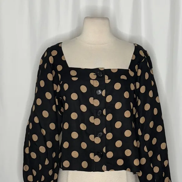 NWT!! J. CREW Linen Polka Dot Square Neck Blouse Black Tan Top Preppy Medium - Image 3