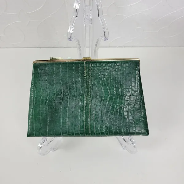 Andé Womens Clutch Bag Green Croc Embossed Pastel Floral Applique Gold Chain - Image 7