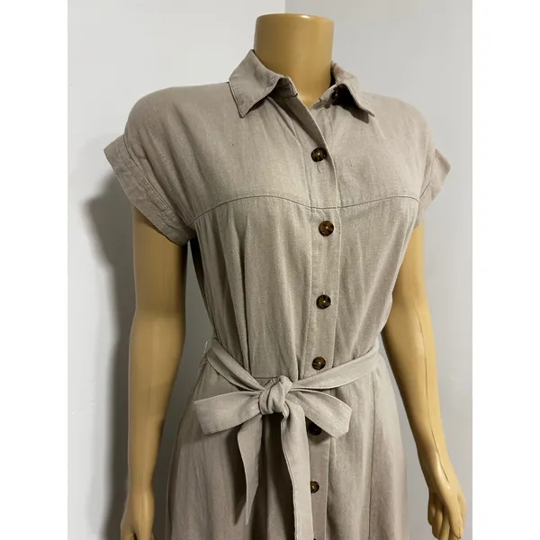 Calvin Klein Womens Tan Beige Linen Blend Button Front Belted Shirt Dress Size 4 - Image 5