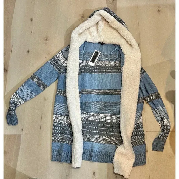 Lety Me Zola NWT Medium Blue Hood Teddy Plush Sherpa Trim Faux Fur Cardigan Fall - Image 7