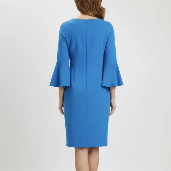 Calvin Klein Turquoise Blue‎ 3/4 Bell Sleeve Stretch Crepe Sheath Dress Size 6 - Image 2