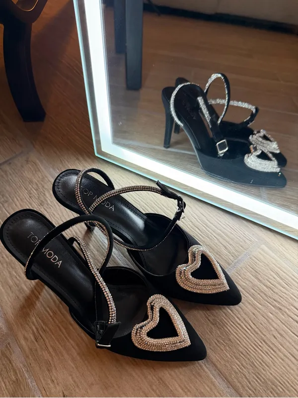TOP Moda Black Pointed Toe Heels with Crystal Heart Accents - Image 2