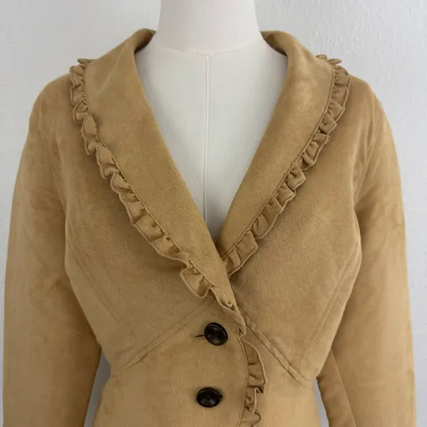 FADED GLORY Y2K Tan Blonde Faux Suede V Neck Ruffle Trim Button Up Blazer Jacket - Image 2